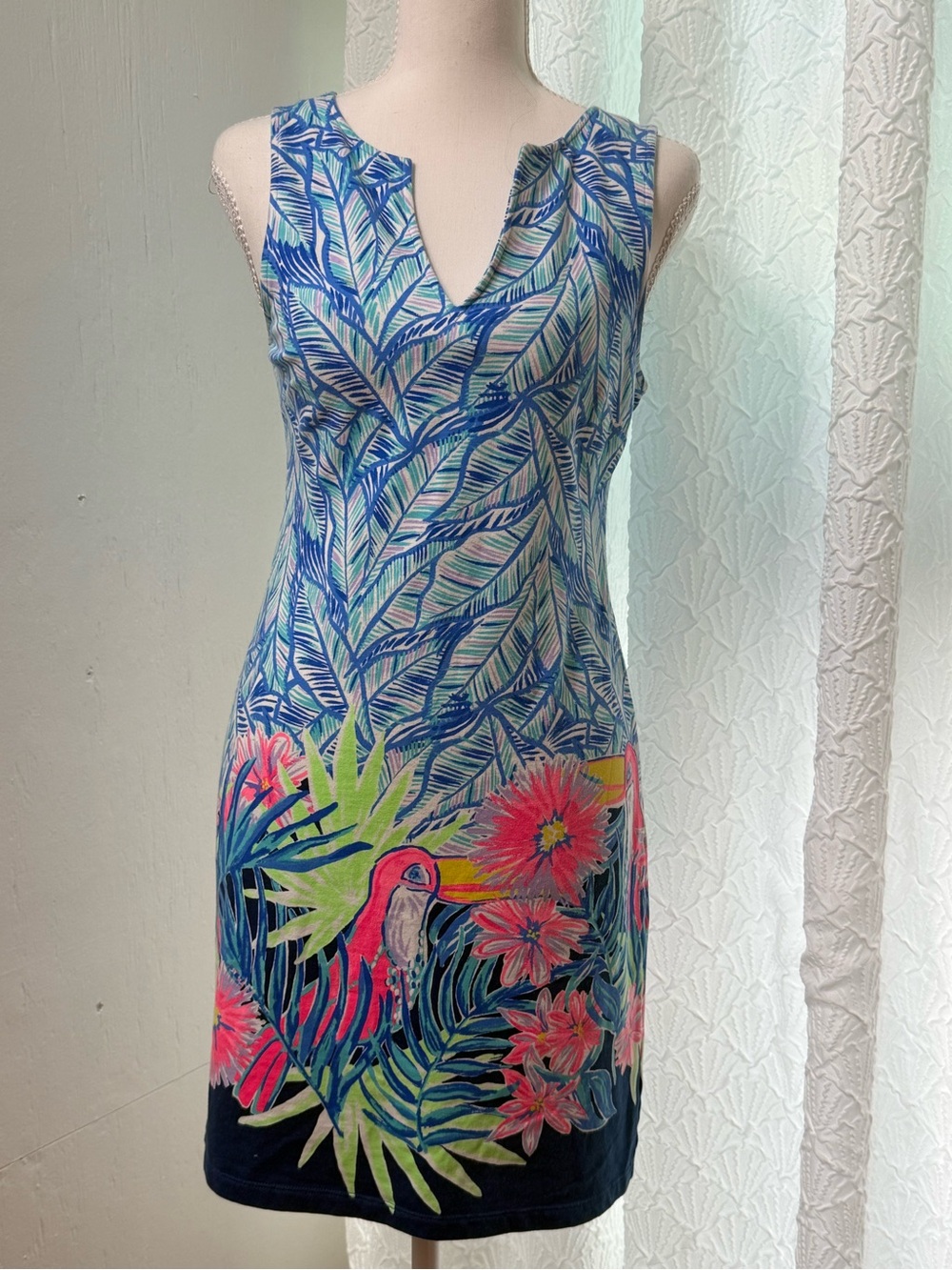 Lilly Pulitzer Blue Tropical Leaf & Neon Floral Sleeveless Shift Dress